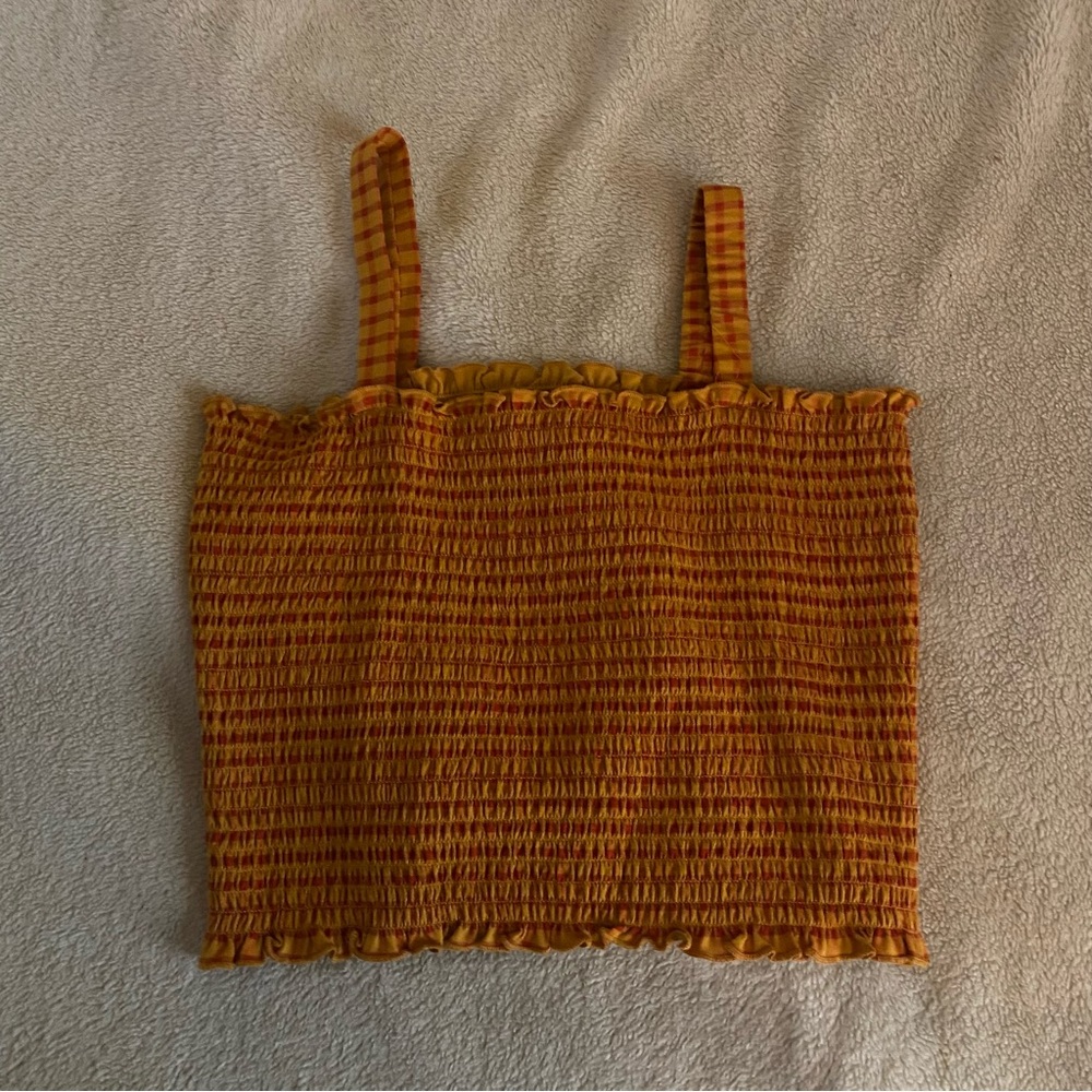 Arizona Jean Co Crop Top Large Red Orange Plaid Smocked Festival Ruffle Tank